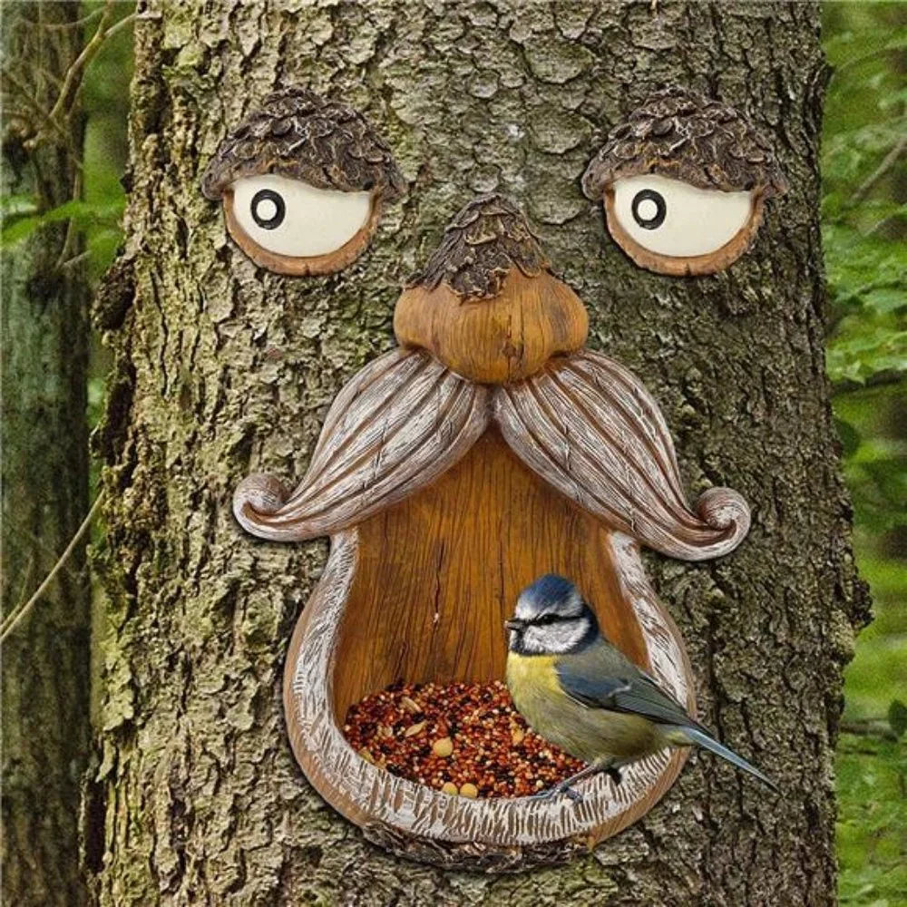 Tree Face Decor Bird Feeder Outdoor, Eyes Glow in Dark Fun Old Man Tree Hugger